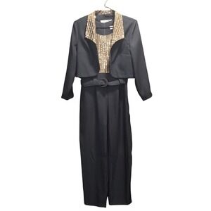 80s Womens Black Gold Sparkly Vintage 2 Piece Jumpsuit Blazer Outfit Small XS 6P